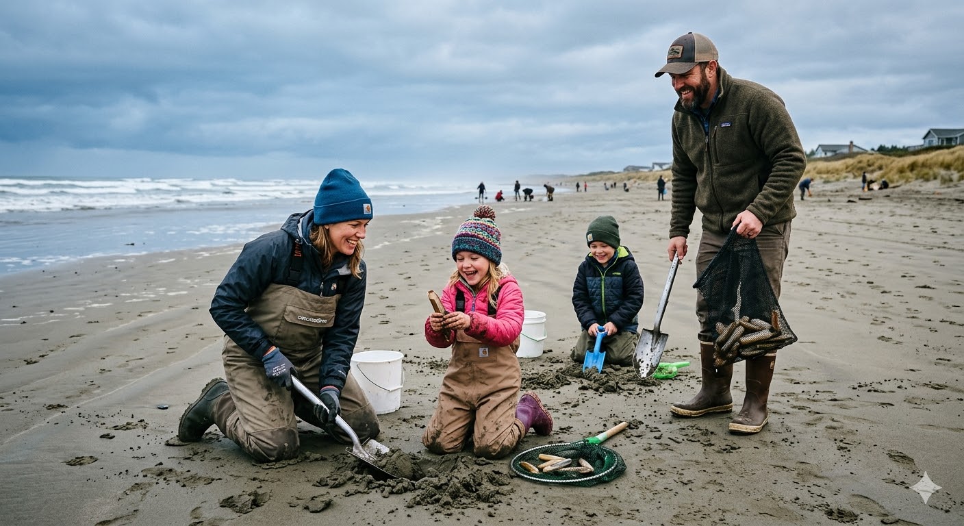 Razor clam digging on Grayland Beach at sunset
